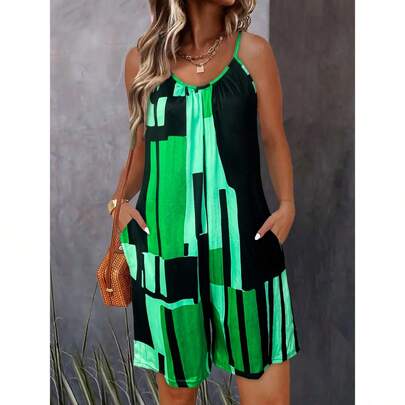 Outfit estivi da donna, tute senza maniche con motivo geometrico per vacanze, tute giornaliere da donna