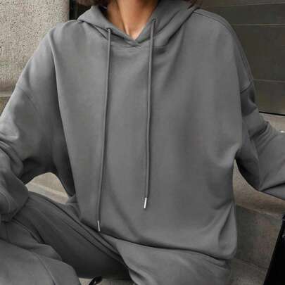 Felpa da donna con spalle cadenti, abbigliamento basic oversize curvilineo, felpa con cappuccio con coulisse, ampia, casual, versatile, stile college,