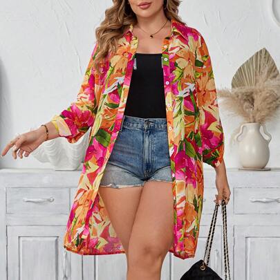 Camicia lunga in chiffon a stampa con scollo aperto, taglie comode, per donne, camicette, camicie estive per donne, camicia con bottoni, camicie da do