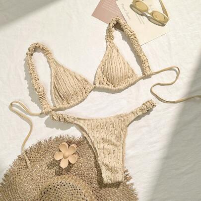 Set di bikini da spiaggia con texture estiva, costumi da bagno set vacanza, completo bikini, costume da bagno, outfit da spiaggia