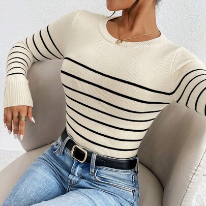 Maglione a collo tondo a maniche lunghe, aderente a righe, per donna, autunno/inverno, maglioni donna, outfit autunnali femminili, maglioni autunnali,