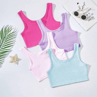 4 pezzi Ragazza preadolescente Crop Tops di colore unito, perfetti per l'estate