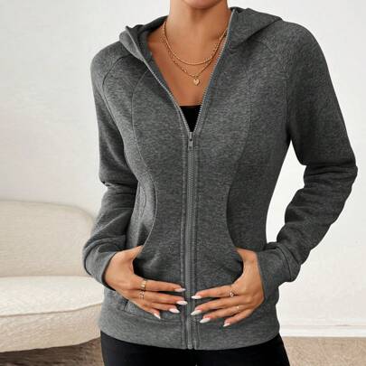 Giacca casual da donna, slim fit, con cappuccio, manica lunga, con chiusura lampo, felpa essenziale da donna, felpa con cappuccio da donna, giacca da