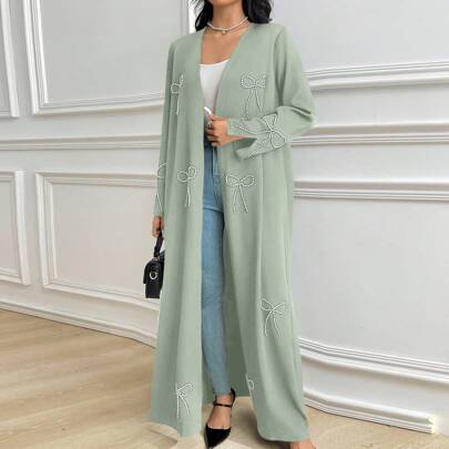 Abaya casual da donna con maniche lunghe e fiocco, abaya modesta e casual, aperta, adatta per uso quotidiano e per feste
