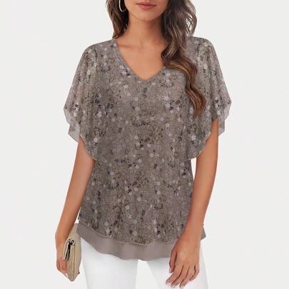 Camicette eleganti casual da donna, con doppio strato di in rete eleganti per l estate, bluse a maniche corte scollo a V per donna