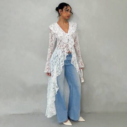 Cappotto lungo e sottile da donna, elegante e romantico, con rifiniture in pizzo trasparente, adatto per vacanze primaverili ed estive. Camicette da d