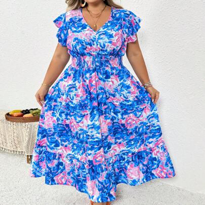 Abito lungo da donna con stampa floreale, taglia curvy, abito lungo estivo con fantasia floreale tropicale