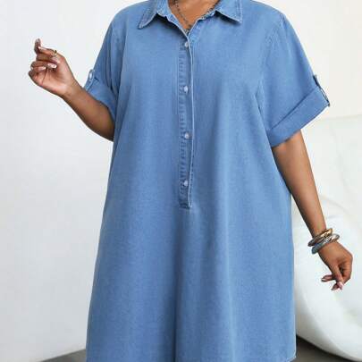 Abito corto ampio in stile camicia di jeans blu da donna taglie forti
