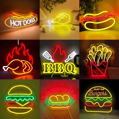 Insegna al neon - Hot Dog, Barbecue, Gamba di pollo, Hamburger, Sandwich. Adatto per ristoranti, negozi di fast food, negozi di pollo fritto, pub e ri