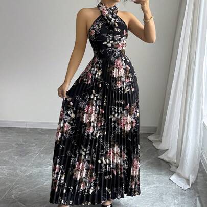Elegante vestito lungo da donna, alla moda e comodo per le vacanze, senza maniche, con collo incrociato, fiocco in vita, gonna plissettata, stampa flo