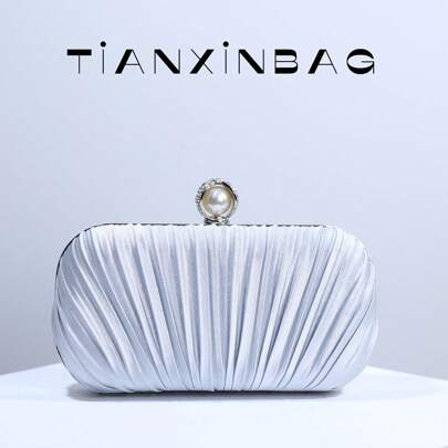 Elegante clutch da sera con manico, decorata con perle, adatta a vestiti da cerimonia formale, per fidanzamenti