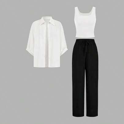3 pezzi Tailleur nero e bianco per donna, nuova collezione 2024, include camicia alla moda e leggera, pantaloni larghi snellenti, set di abbigliamento