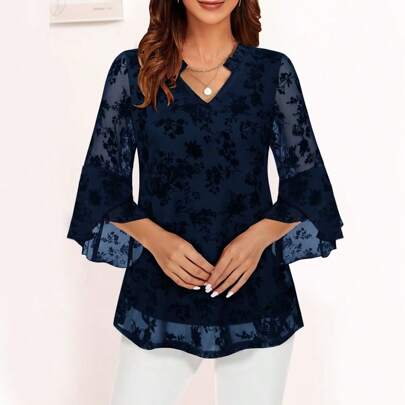 Bluse eleganti da donna a doppio strato in in rete, top eleganti con maniche a campana a balze da 3/4