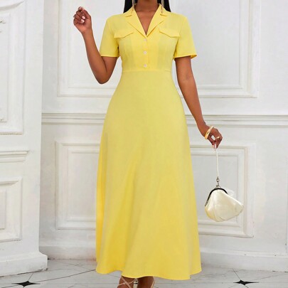 Vestito lungo elegante da donna con mezza patta, vestito maxi aderente giallo