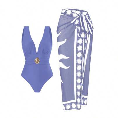 Costume da bagno intero da donna con coprispalle in rete stampata, set di costumi da bagno estivo casual per vacanze al mare