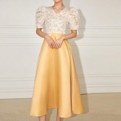 Abito casual elegante da donna in stile Filipiniana, scollo a V, maniche a palloncino