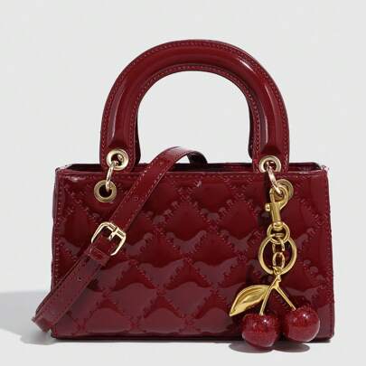 1 pezzo Borsa a mano in pelle sintetica, colore borgogna, borsa versatile matelassé in pelle verniciata, borsetta strutturata mini, borsa a spalla e a