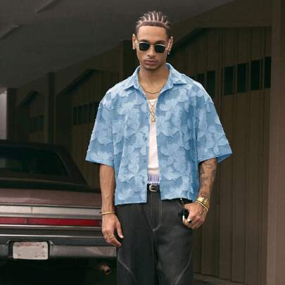 Camicia da uomo oversize casual con collo alla coreana, maniche corte