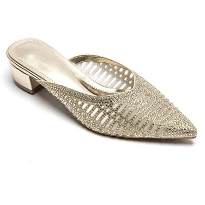 Mules à Talon Bas avec Bout Pointu et Strass Brillants