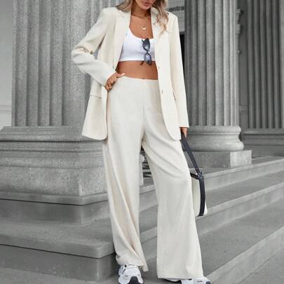 2 pezzi Set Tailleur Donna Giacca Sfiancata a Vita Media e Pantaloni a Zampa