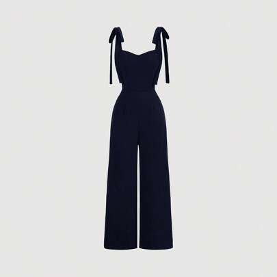 Pantaloni diritti con fiocco anteriore e bretelle, colore navy, abbigliamento autunno/inverno, tute eleganti, tute per feste, abbigliamento per appunt