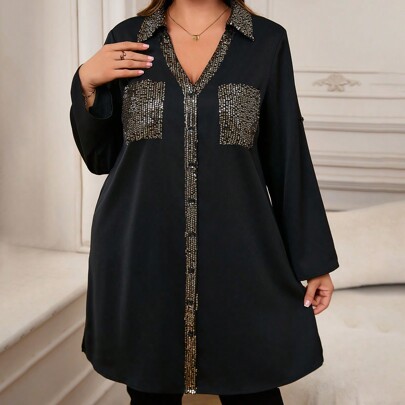 Camicia elegante con patchwork, paillettes e tasche con bottoni frontali, adatta per abbigliamento invernale da donna, abbigliamento elegante da donna
