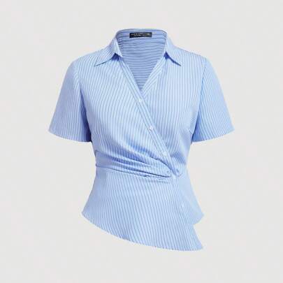 Camicia con bottoncini obliqua in vita a righe blu e bianche per donne taglie forti, camicie estive, camicie per ufficio per donne