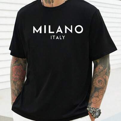 T-shirt nera da uomo a maniche corte con stampa Milano Italia, t-shirt da uomo a scollo tondo, 220 g/m², per l'estate, in puro cotone, maniche corte (