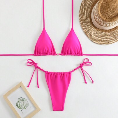 Bikini da collo alto a tinta unita da donna con slip a tanga, perfetto per le vacanze al mare