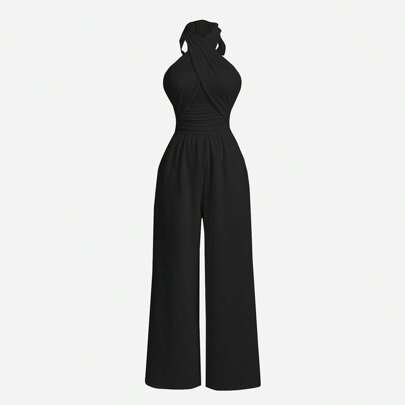 Tuta larga con gamba ampia a vita alta, in maglia nera elasticizzata e drappeggiata, da donna, tuta da donna, tuta intera da donna, "Old Money", tuta