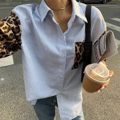 Camicetta casual da donna con stampa leopardata, a righe e maniche lunghe; Camicie retrò da donna; Vestiti da donna autunnali; Camicie da donna; Vesti