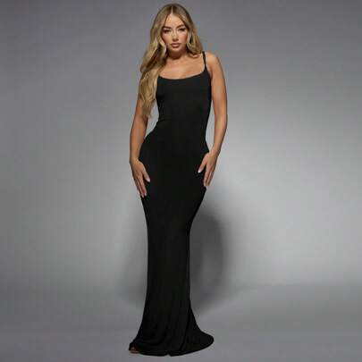Elegante abito lungo da sera attillato con spalline a spaghetti, abito da cerimonia lungo da terra, abito da cerimonia bodycon, abito da cocktail lung