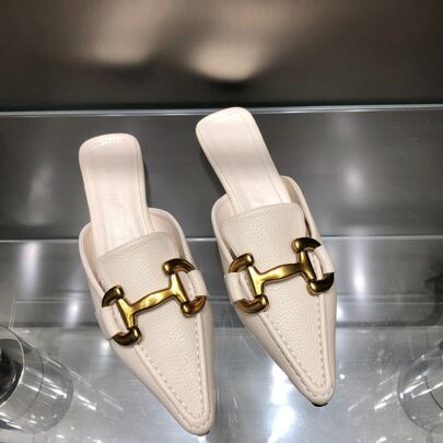 con punta quadrata in metallo Mules piatte , alla moda metallo Mules con Tacchi a blocchi in monocolore - beige