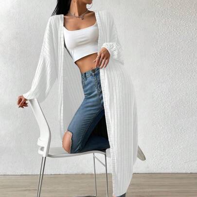 Giacca con spalle a goccia tinta unita, giacche casual primaverili/autunnali da donna, in maglia a costine, oversize, bianche, semplici, per uso casua