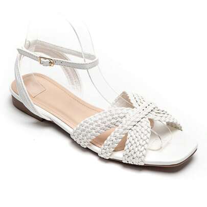Sandali à petit talon carré con trecce da sposa e boucle decorative