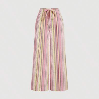 Pantaloni palazzo in lino rosa con righe, pantaloni casual stile bohémien, pantaloni da spiaggia per vacanze