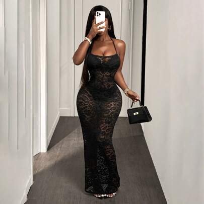 Abito lungo nero in pizzo floreale - Spalline sottili - Abito lungo trasparente e sexy