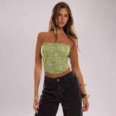 Canotta/top con paillettes floreali e brillanti, senza maniche, adatta per club, feste, abiti da laurea, top con paillettes, top per uscire, top estiv