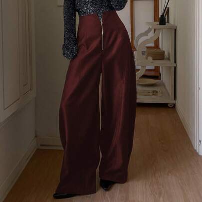 Pantaloni casual da donna con chiusura lampo a vita alta, design Uniqlo, colore rosso