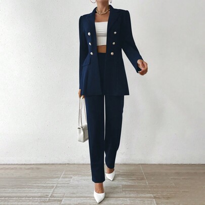 2 pezzi Set tailleur da donna: giacca doppiopetto e pantaloni, stile minimalista da pendolare, autunno