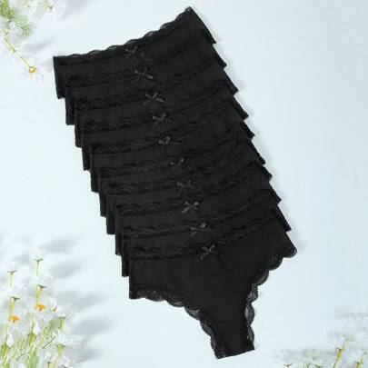 10 pezzi Perizoma in pizzo nero sottile per donna, pantaloncini donna con fiocchi in pizzo e sexy, set di perizoma morbido, traspirante e confortevole