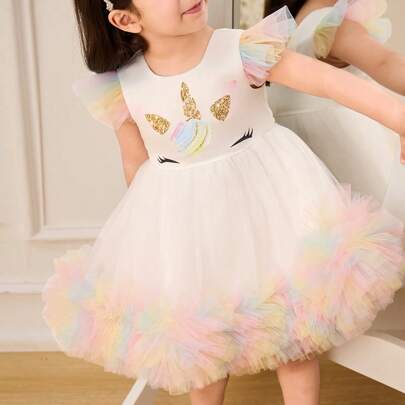 Vestito da bambina in tulle colorato e vaporoso, vestito da festa principessa bambini, stampa unicorno manica corta in raso arcobaleno, per neonati e
