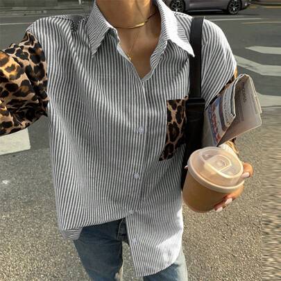 Camicetta casual da donna con maniche lunghe, fantasia a patchwork leopardata e righe, camicie retrò da donna, abiti da donna autunnali, camicie da do