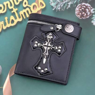 1 pezzo Nuovo portafoglio da uomo retrò corto alla moda, portafoglio bifold con design a teschio e croce punk nero, portafoglio a zip casual e portati