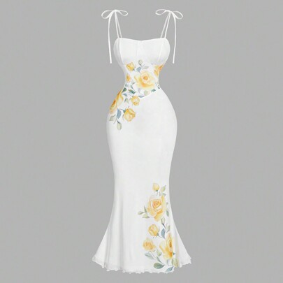 Abito da donna a sirena bianco con stampa floreale romantica, abiti da campagna, abbigliamento per vacanze al mare, abiti bohémien da donna, abbigliam