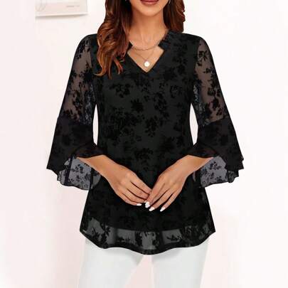 Bluse eleganti da donna a doppio strato in maglia, top eleganti con maniche a campana con volant 3/4