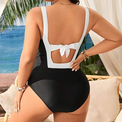Costume da bagno intero estivo, elegante e casual, con schienale aperto, coppa morbida, senza ferretto, bicolore, spalle scoperte, adatto per donne ta