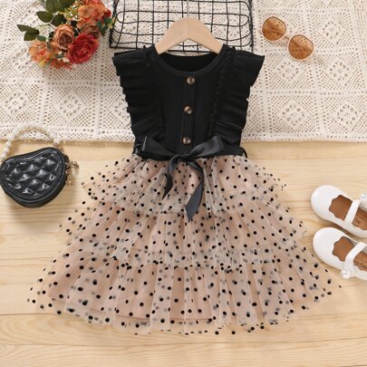 Ragazzine Abiti a pois con bordo a volant con cintura mesh