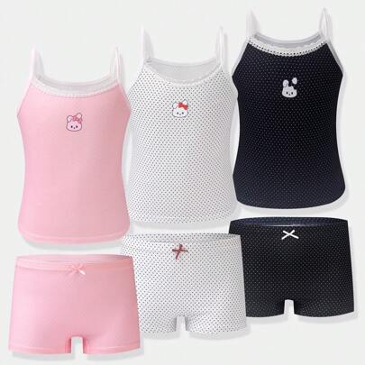 Set di 3 Completi intimi di Canottiere e Slip con Stampa Puntini e Coniglio, Stile Minimalista per Giovani Ragazze