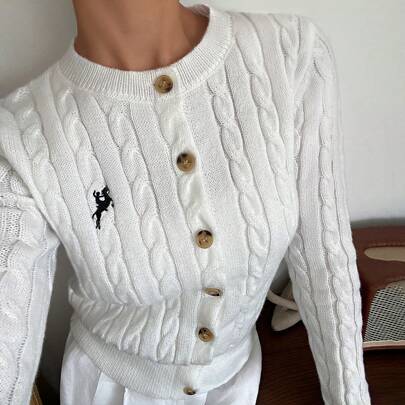 Cardigan casual da donna con piccolo logo cavallo ricamato, top bianco, cardigan in maglia caldo e aperto, cardigan attorcigliato, cardigan invernale